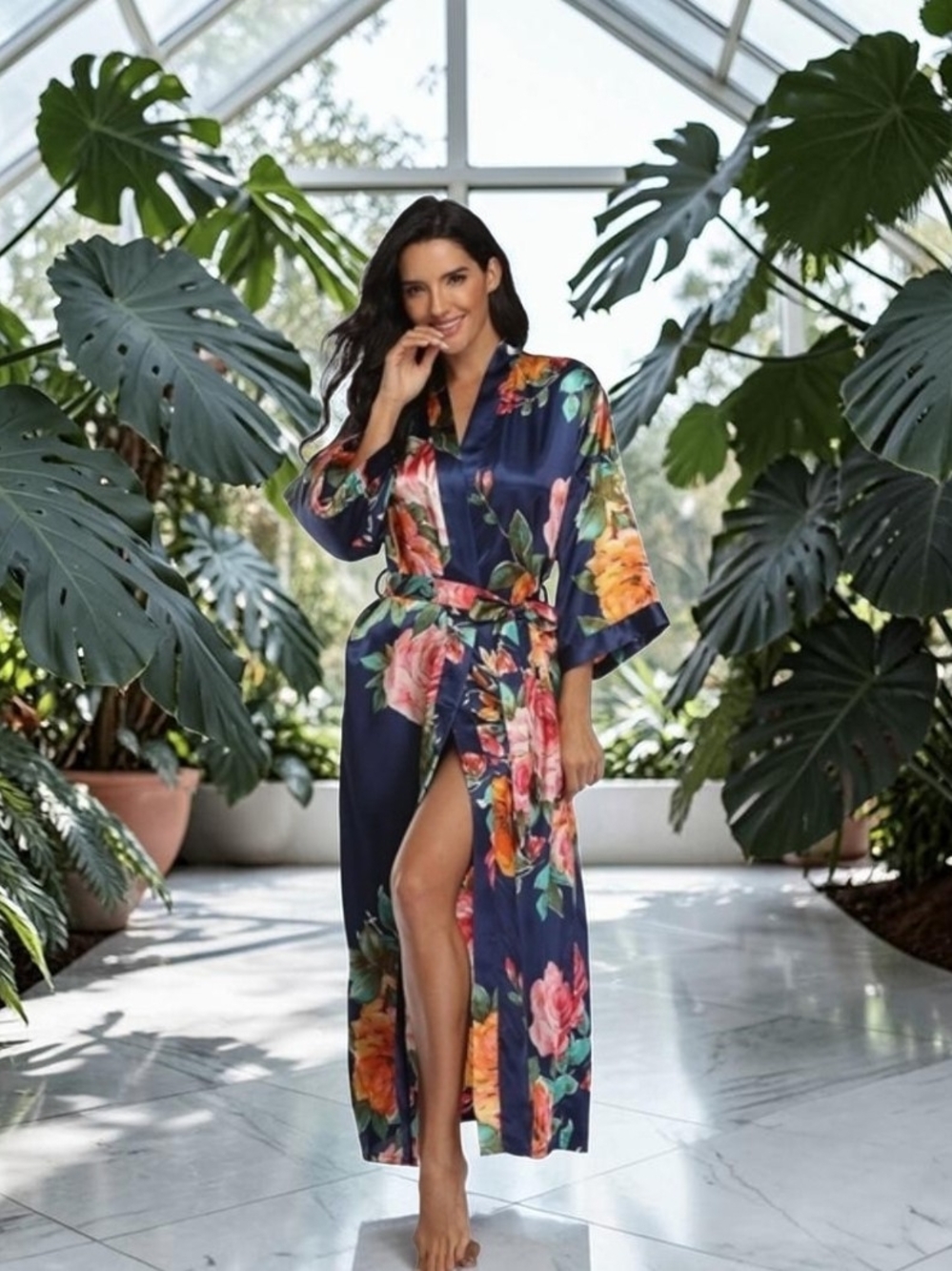 Floral Kimono Satin Long Robe NWOT